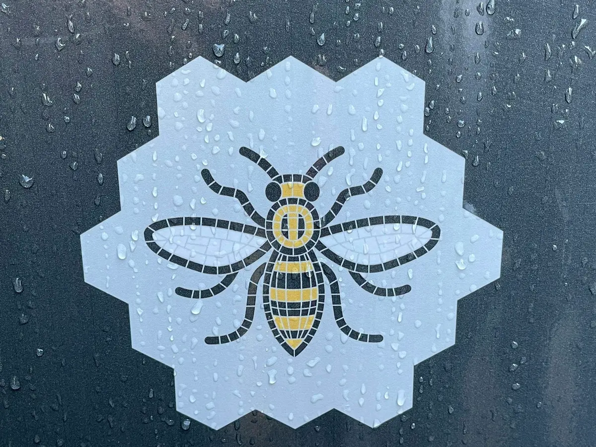 A Manchester worker bee mosaic on a rainy window