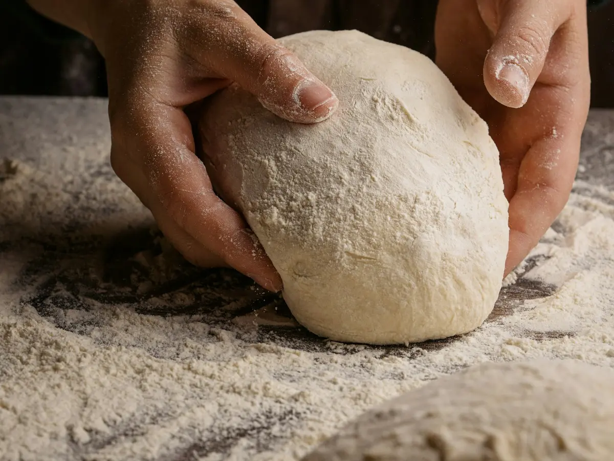 Hands shaping a ball of dough on a floured bench